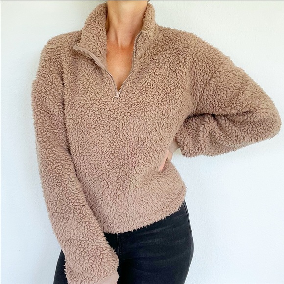 Love tree tan cropped 3/4 zip Sherpa fleece teddy sweatshirt size large - Picture 1 of 5